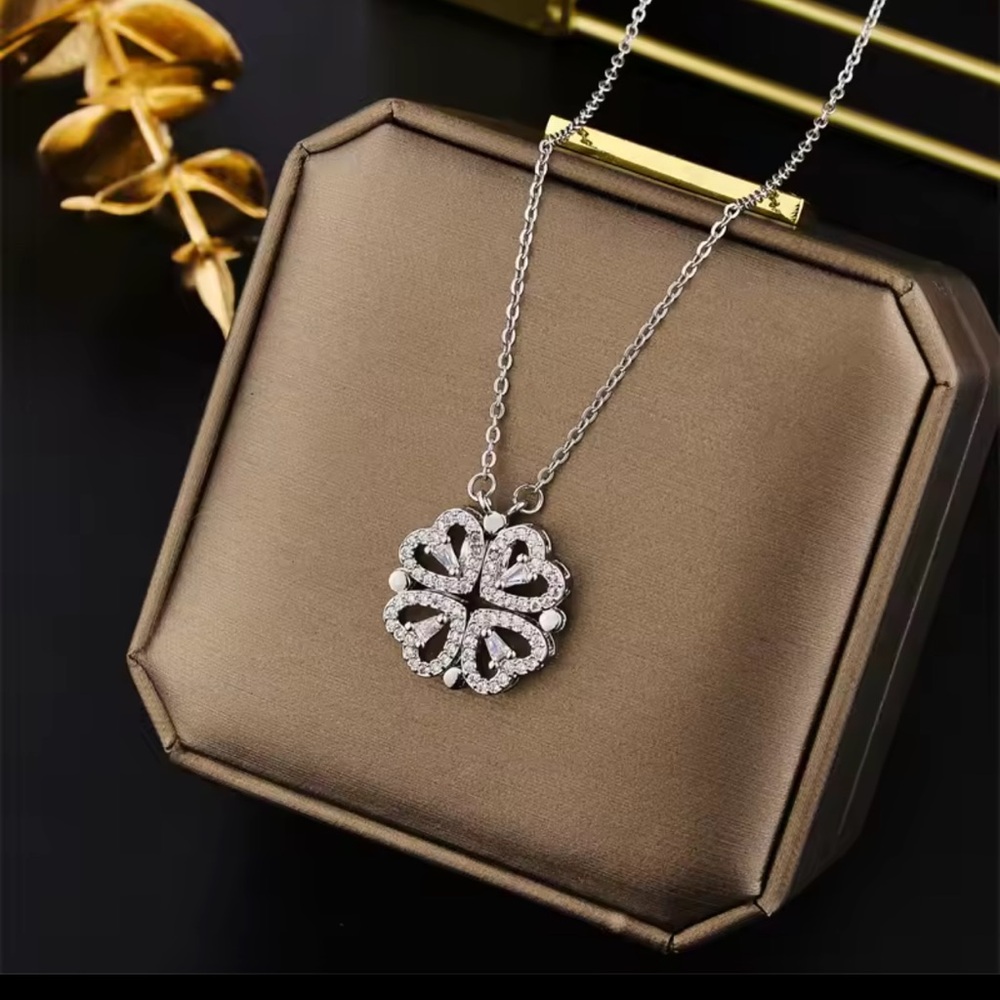 Silver Clover Pendant Necklace with Crystal Accents